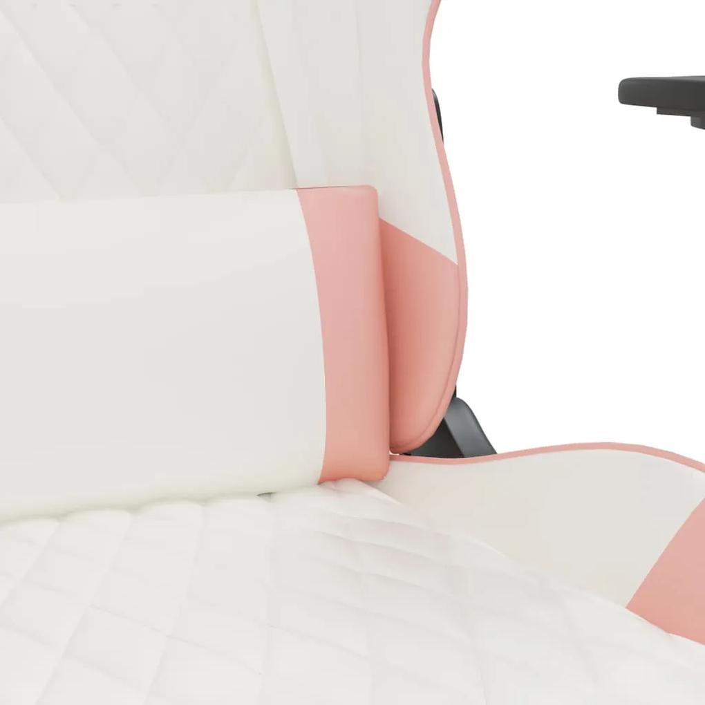 Scaun de gaming de masaj, alb si roz, piele ecologica