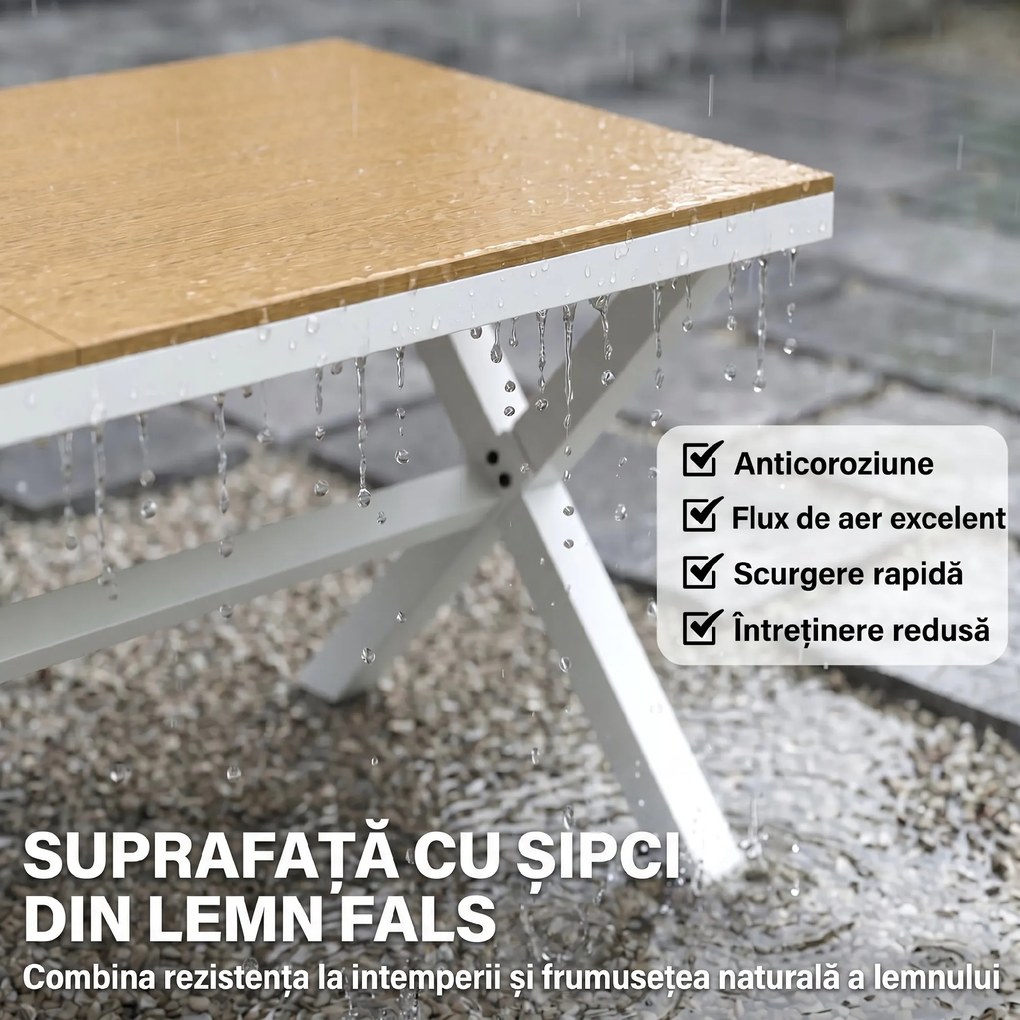 Outsunny Set Masă și Scaune de Grădină 7 Piese, Set Prânz Exterior din Aluminiu cu 6 Scaune Stivuibile, Masă cu Șipci Imitatie Lemn, pentru Terasă, Balcon, Patio, Teak | Aosom Romania