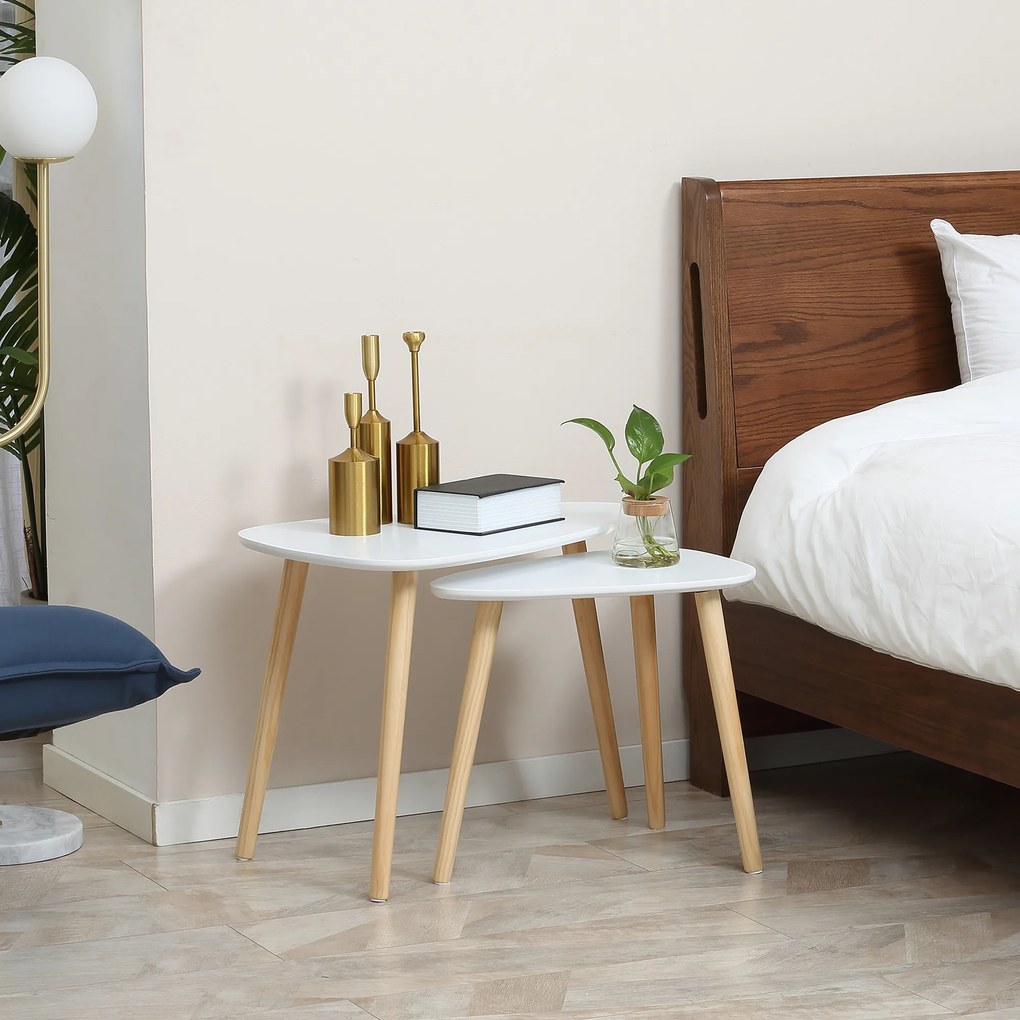 Set de 2 masute laterale HOMCOM moderne, mese cuib triunghiulare din MDF si Lemn de Pin 59.5x39.5x45cm Alb, Natural | Aosom Romania
