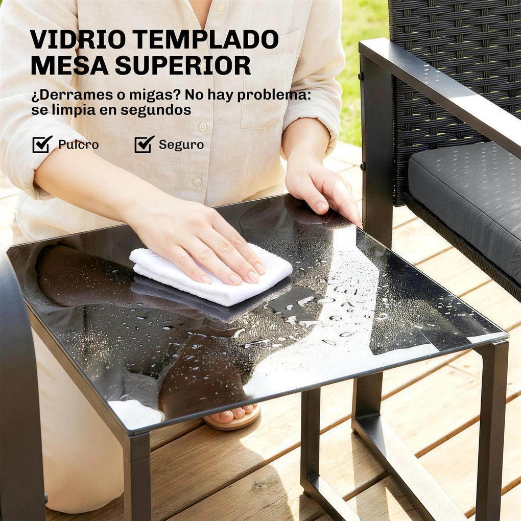 Outsunny Set de mobilier de grădină din ratan sintetic cu 2 scaune cu perne și masă cu blat din sticlă, gri | Aosom Romania
