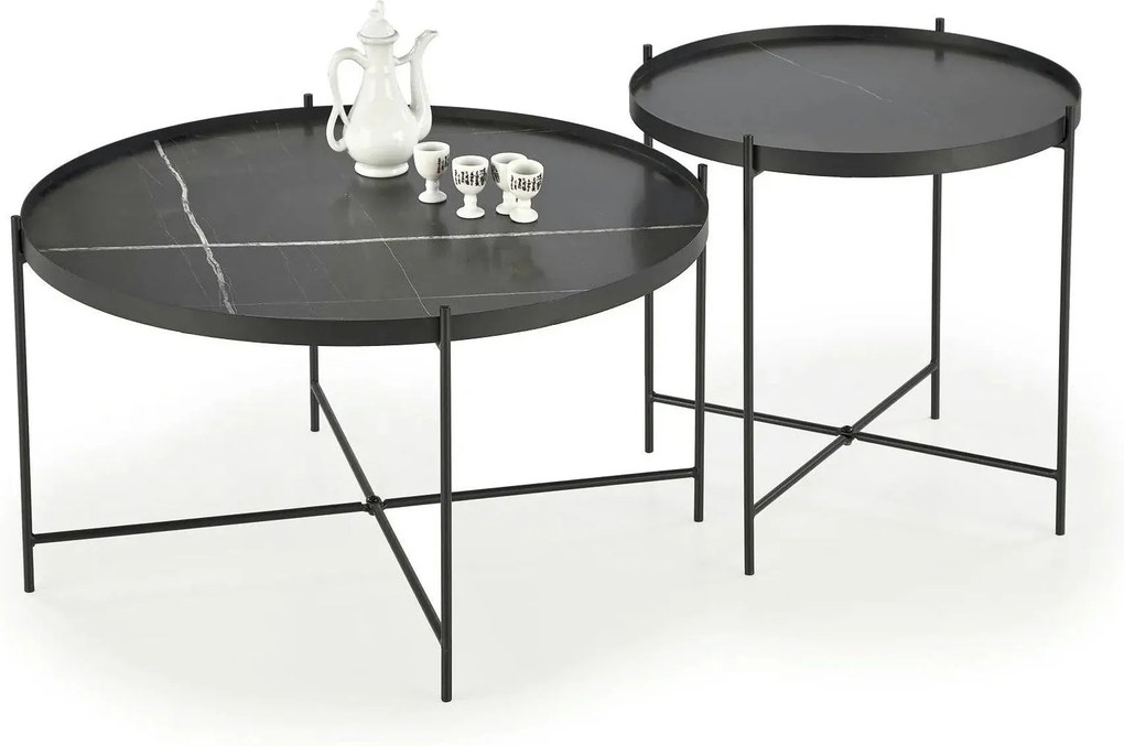 Set 2 masute cafea JULIETA, negru cu efect de marmura/negru
