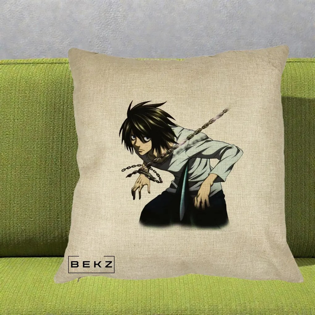 Perna Personalizata Death Note L Lawliet Lanturi, 40x40 cm, Crem, Husa Detasabila, Perna Inclusa, BEKZ®