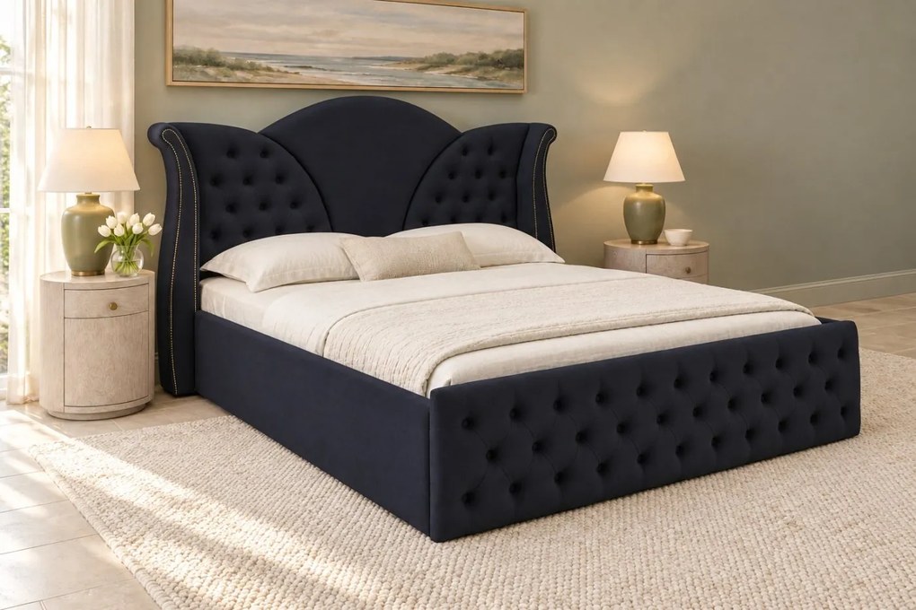 Pat tapițat Chesterfield din catifea Velora 140×200 cm, negru, cu ladă de depozitare