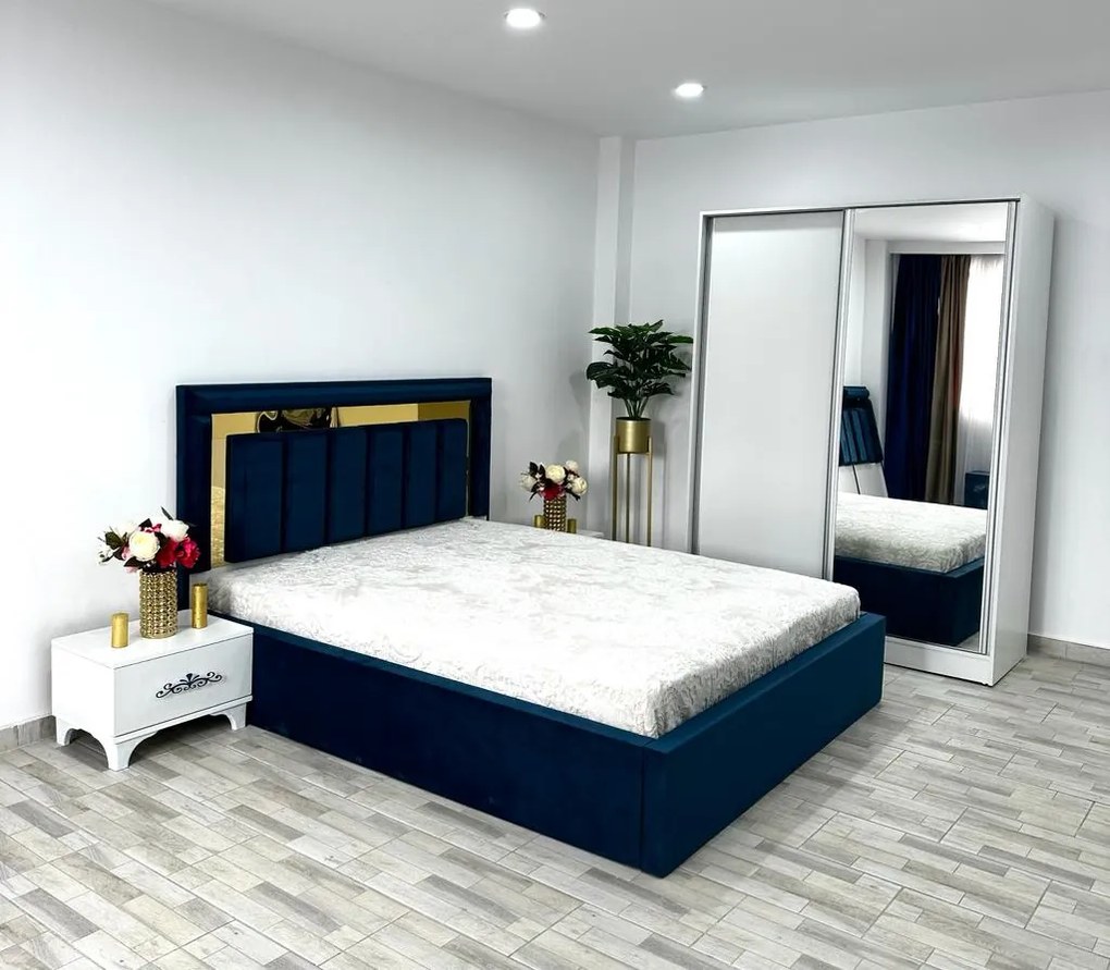 Dormitor Napoli, culoare albastru / alb, cu pat Napoli 160 x 200 cm, dressing Erika 150 cm, 2 noptiere Viena