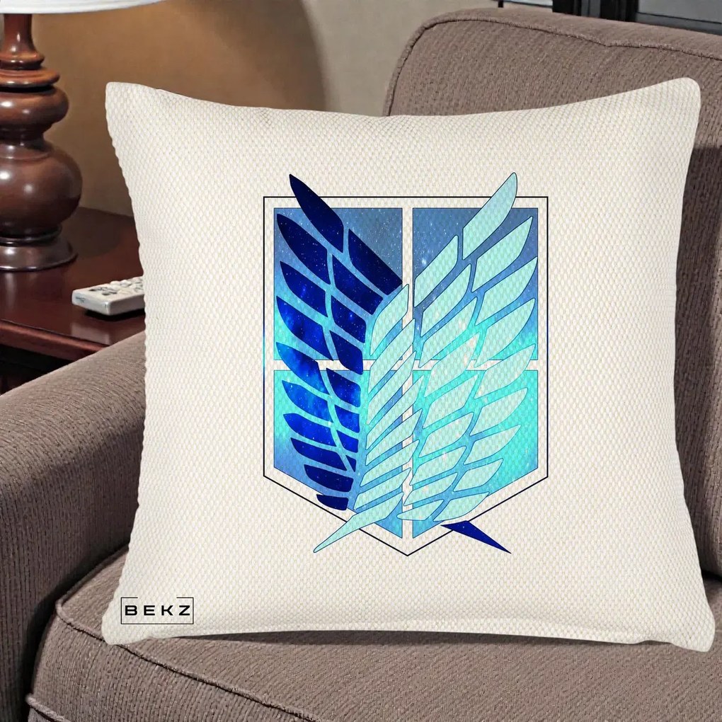 Perna Personalizata Attack on Titan Wings of Freedom, 40x40 cm, Crem Reliefat, Husa Detasabila, Perna Inclusa, BEKZ®