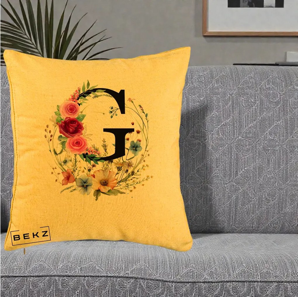 Cadou Personalizat - Perna Personalizata Monogram Litera G cu Flori Acuarela, 40x40 cm, Galben, Husa Detasabila, Perna Inclusa, BEKZ®