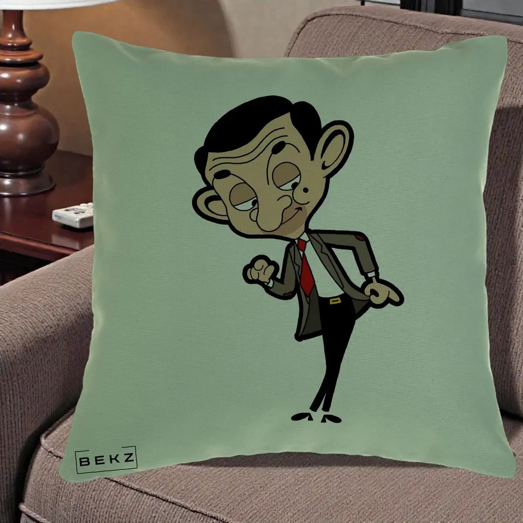 Perna Personalizata Mr. Bean Caricatura, 40x40 cm, Verde, Husa Detasabila, Perna Inclusa, BEKZ®