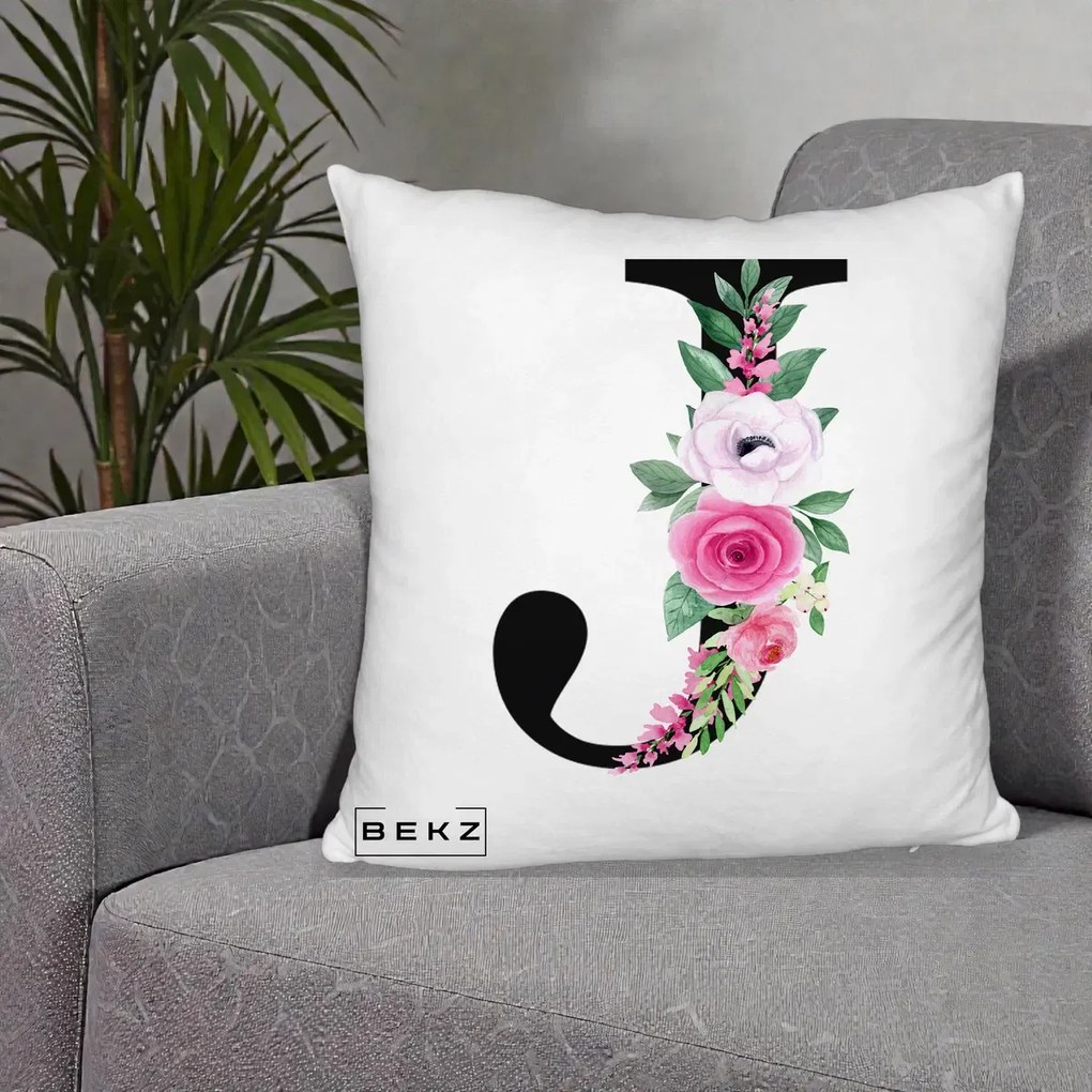 Cadou Personalizat - Perna Personalizata Monograma Florala Litera J, 40x40 cm, Alb Pufos, Husa Detasabila, Perna Inclusa, BEKZ®