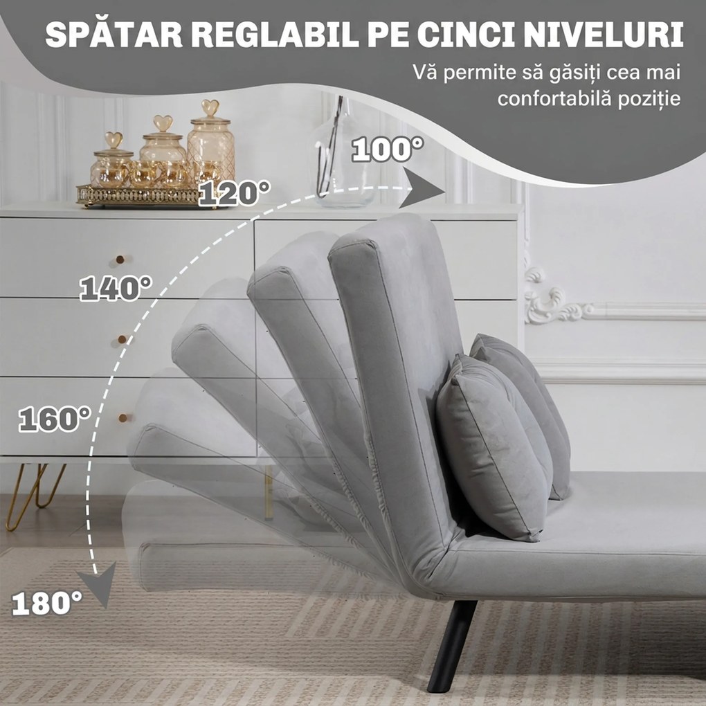 HOMCOM Canapea Extensibilă Cu Aspect Catifelat și Spătar Reglabil, Gri Deschis | Aosom Romania