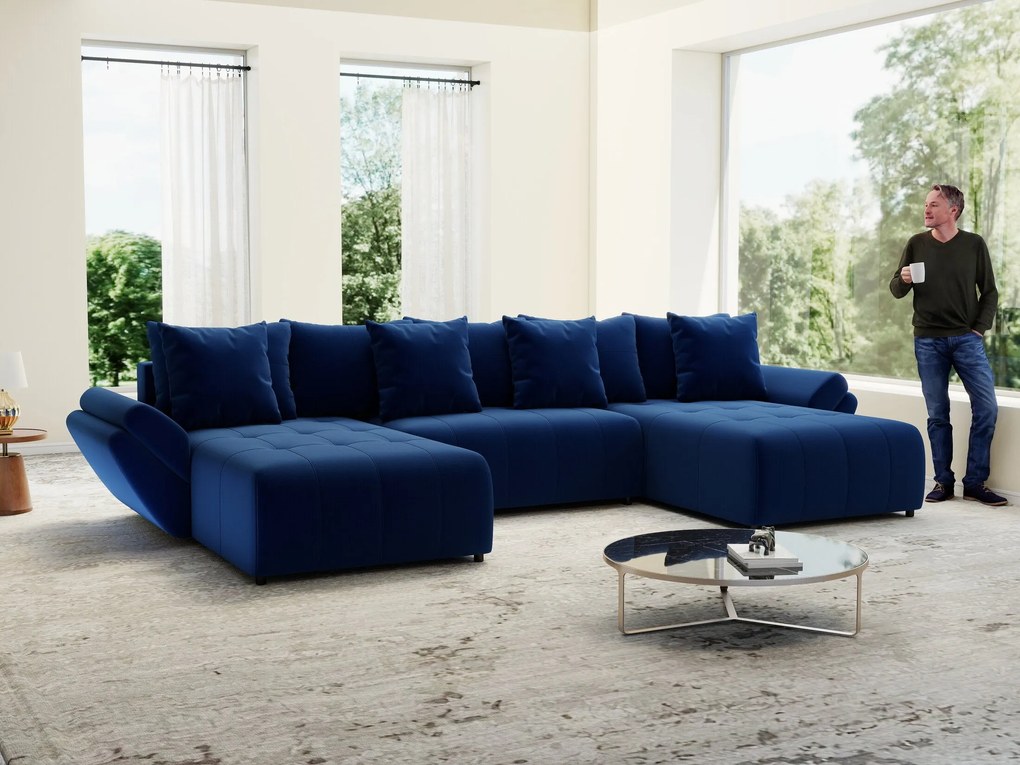 Colțar extensibil dumonde cu ladă de depozitare si sezut confortabil din spuma high-density, Berlin U Royal Blue 380x180 cm