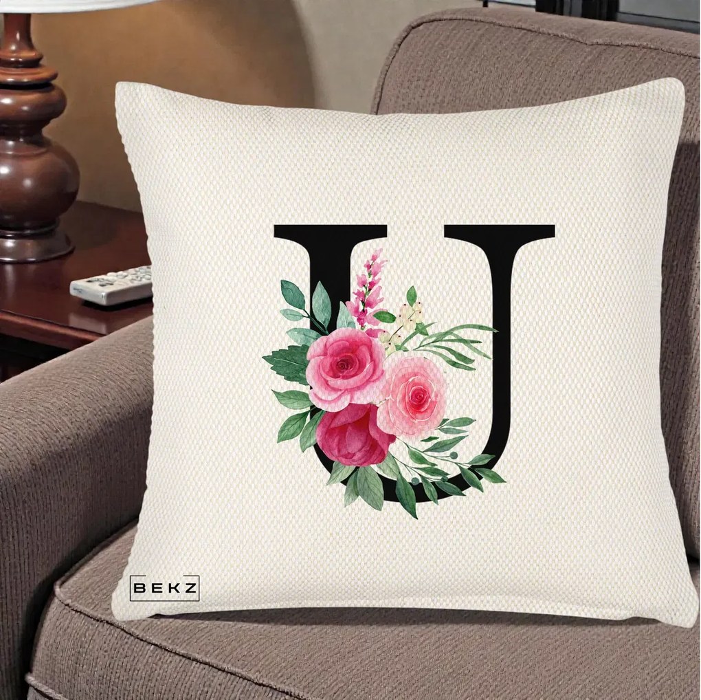 Cadou Personalizat - Perna Personalizata Monograma Florala Litera U, 40x40 cm, Crem Reliefat, Husa Detasabila, Perna Inclusa, BEKZ®