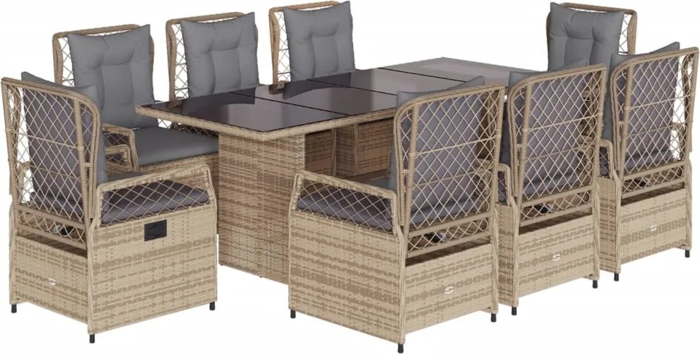 vidaXL Set de masă pentru grădină, 9 piese, cu perne, bej, poliratan