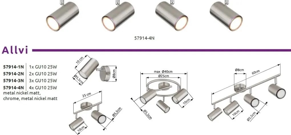 Plafoniera cu 2 Spoturi directionabile ALLVI nickel