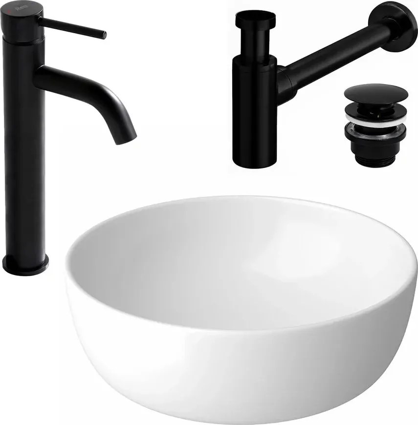 Pachet lavoar pe blat Cersanit Moduo alb 40 cm, baterie lavoar Rea Lungo negru si ventil lavoar Click-Clack negru