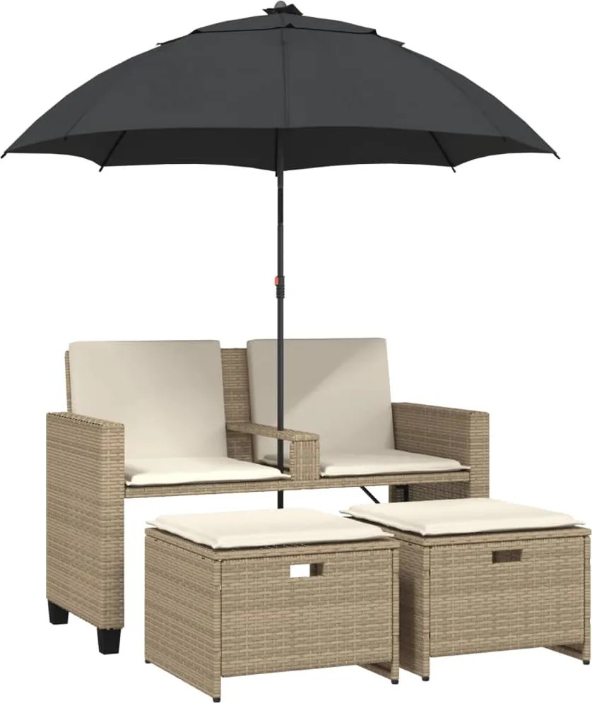 vidaXL Canapea de grădină cu 2 locuri/umbrelă/taburete bej poliratan