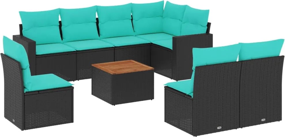 vidaXL Set mobilier de grădină cu perne, 9 piese, negru, poliratan