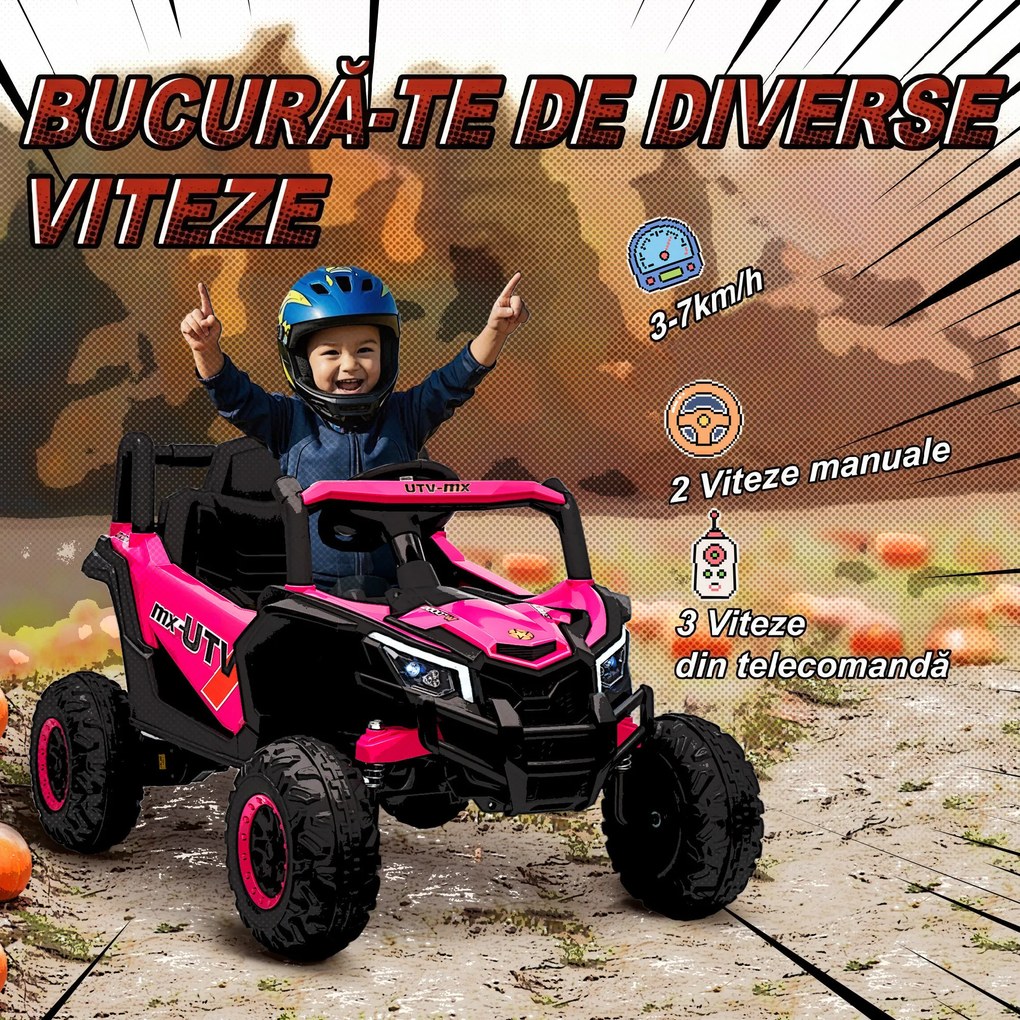 AIYAPLAY Mașină Electrică UTV pentru Copii 12V cu Centură, Telecomandă, Suspensii, USB, 3-7 km/h, 3-5 Ani, Roz | Aosom Romania