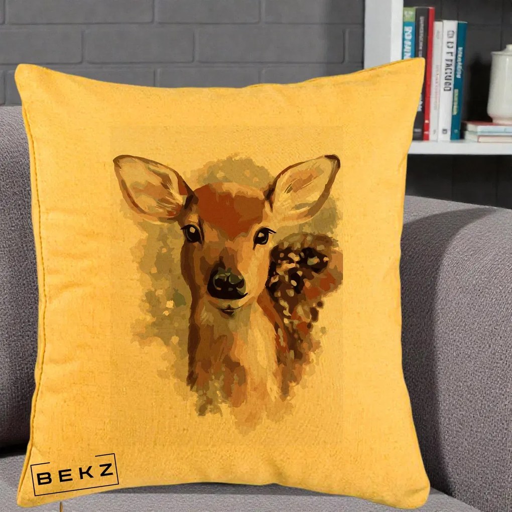 Perna Decorativa Caprioara Pui Acuarela, 40x40 cm, Galben, Husa Detasabila, Perna Inclusa, BEKZ®