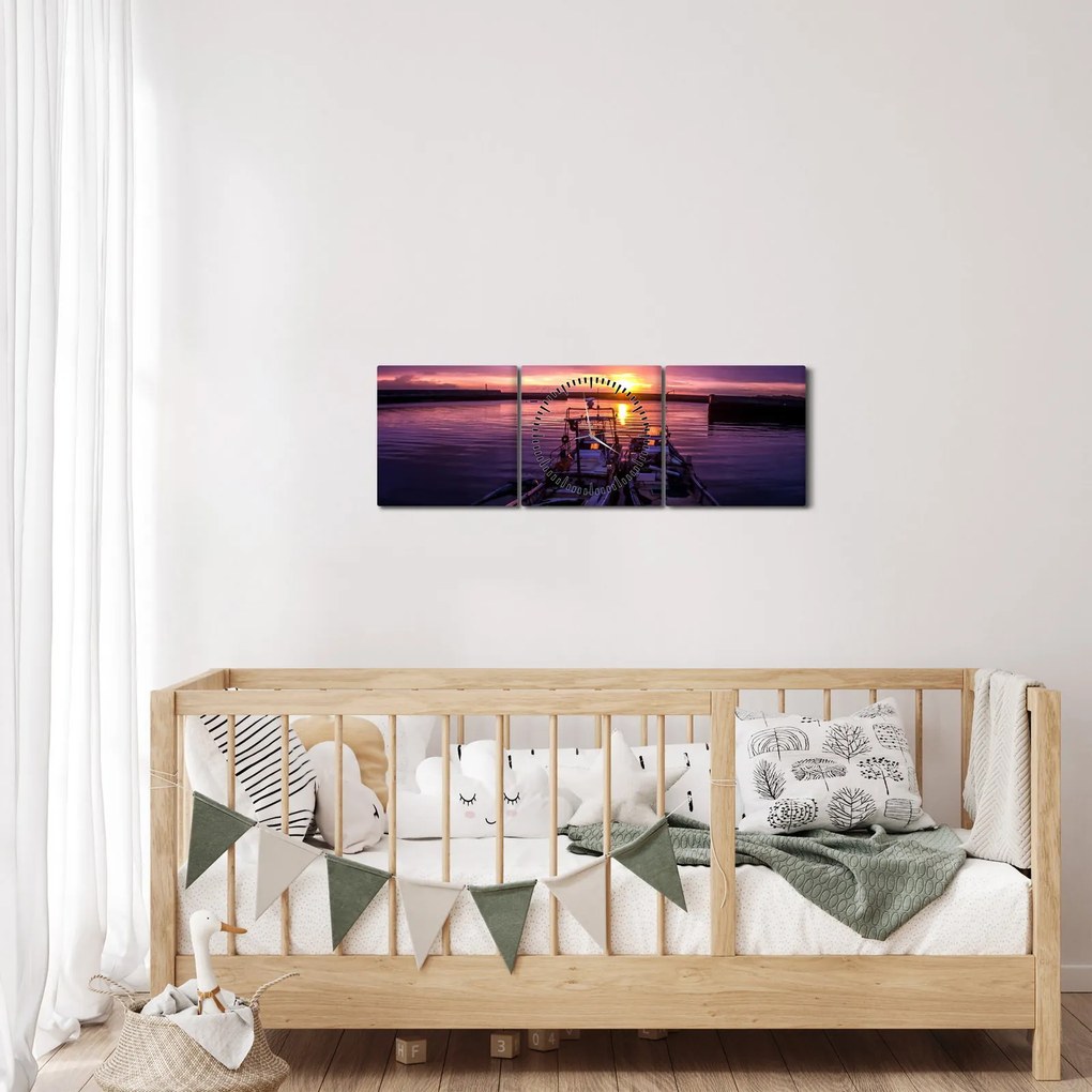 Tablou cu barci pescărești în port (cu ceas) (90x30 cm)