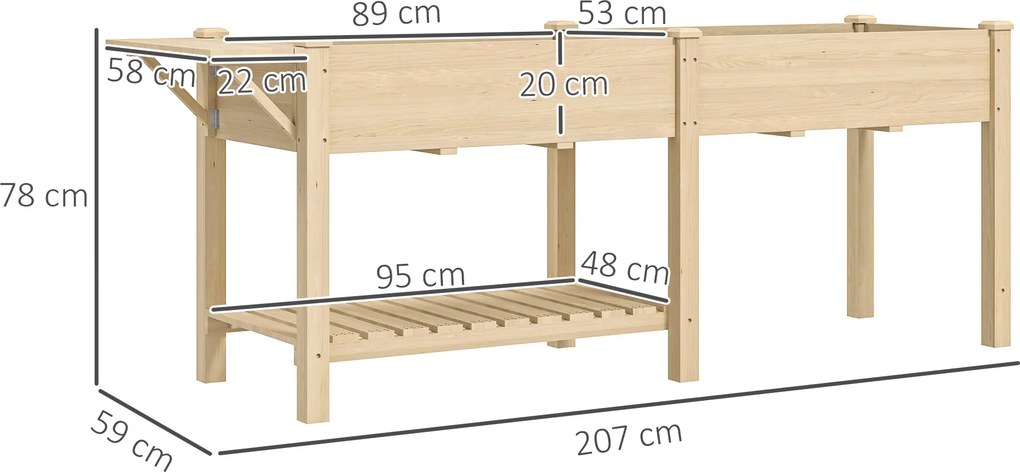 Outsunny Strat Înălțat de Grădină cu Masă Laterală, Raft Inferior și Orificii de Drenaj, 207x59x78 cm, Lemn Natural | Aosom Romania