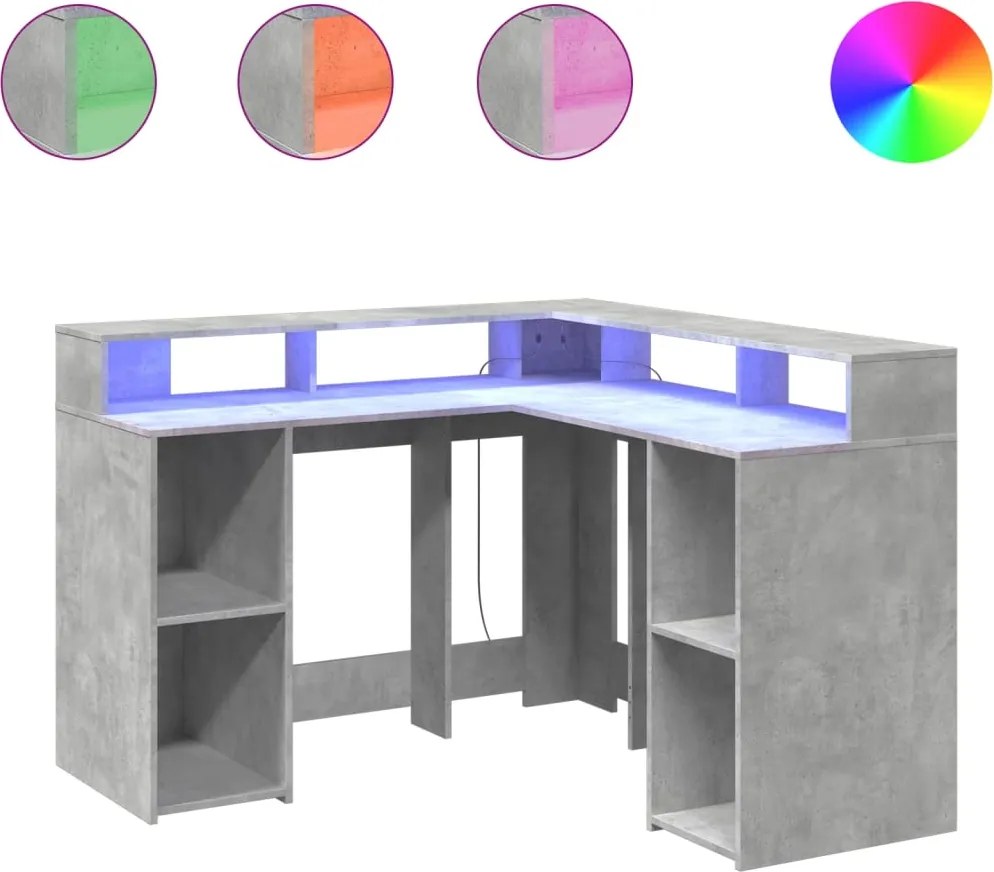 vidaXL Birou cu lumini LED, gri beton, 130x130x91 cm, lemn prelucrat