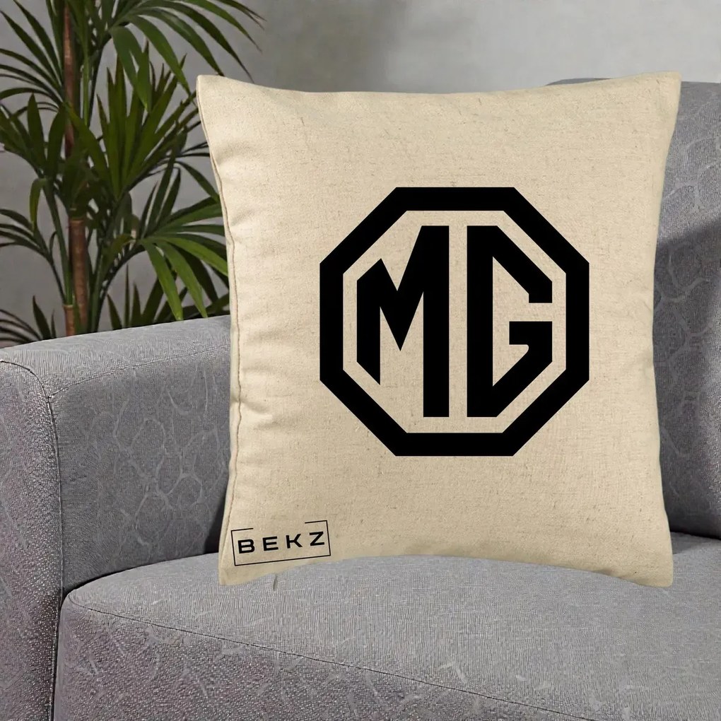 Perna Personalizata cu emblema MG, 40x40 cm, Bej, Husa Detasabila, Perna Inclusa, BEKZ®