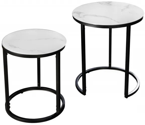 Neînvins Set de masă laterală rotundă Elegance cu 2 rame alb și negru cu aspect de marmură
