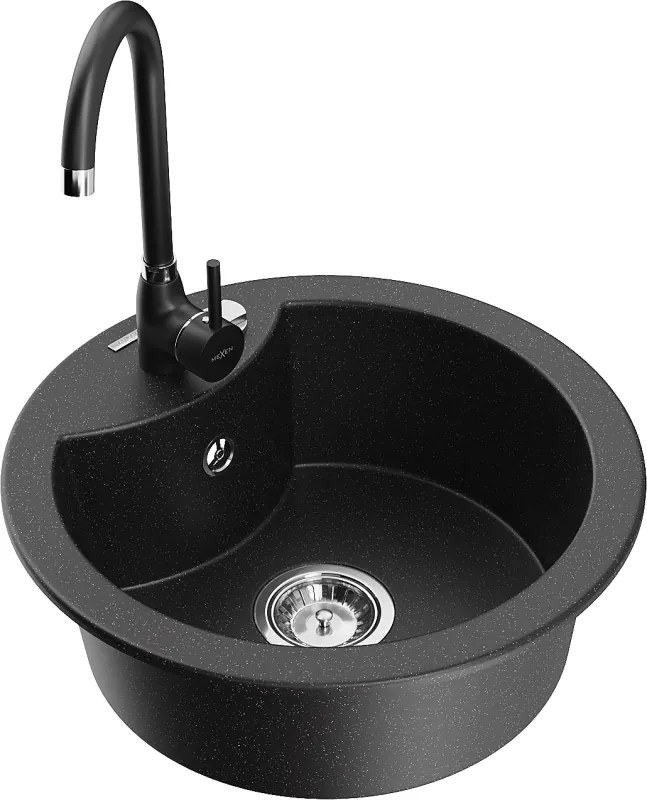 Mexen Diego chiuvetă din granit cu 1 compartiment și baterie de bucătărie Telma, negru/argintiu - 6512-73-670200-70