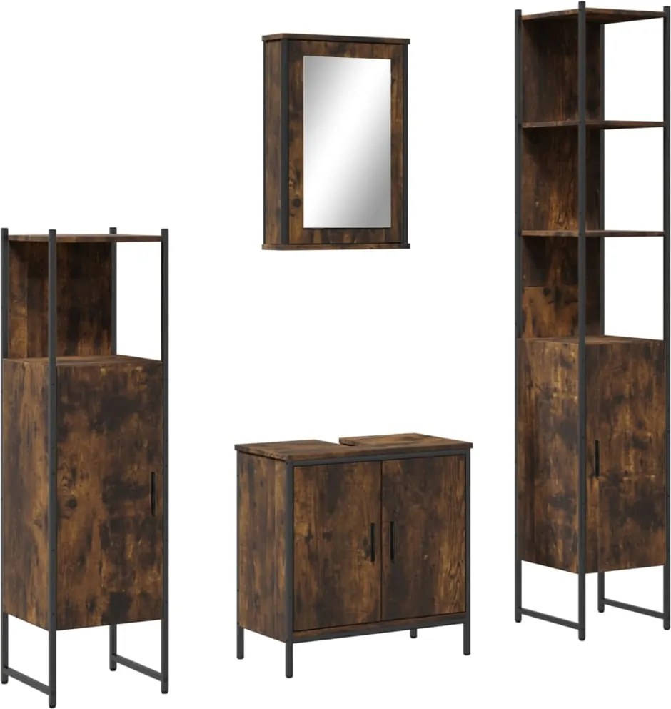 vidaXL Set mobilier de baie, 4 piese, stejar fumuriu, lemn prelucrat