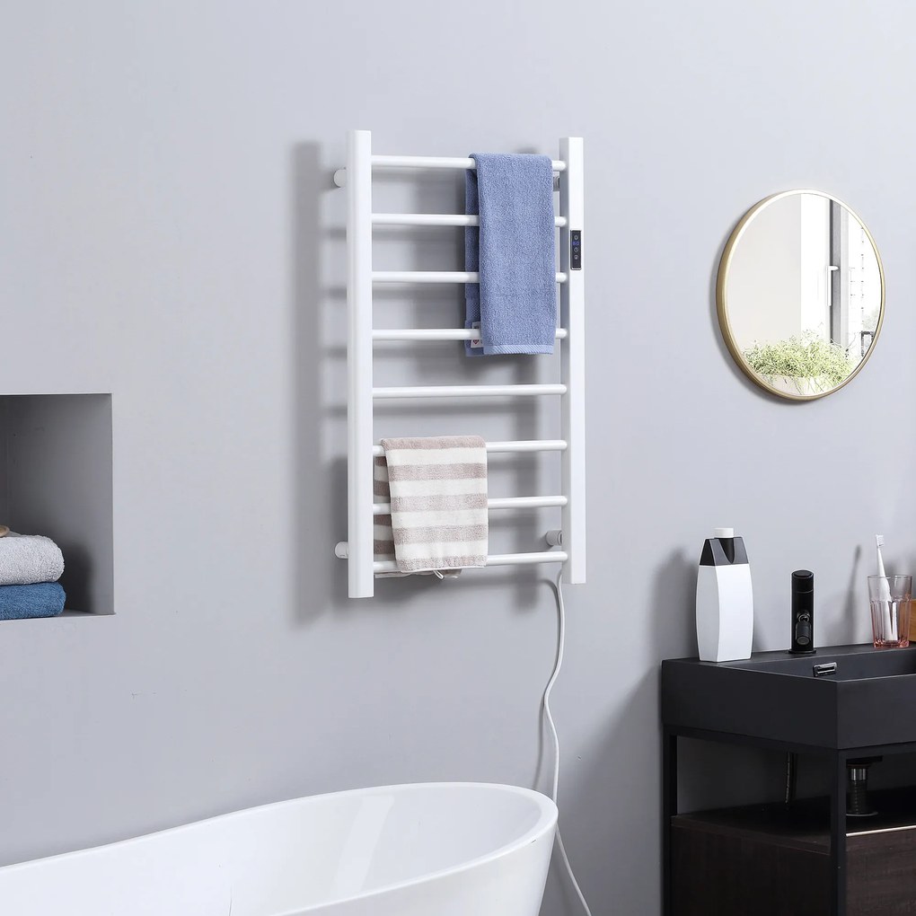 HOMCOM Incalzitor electric pentru prosoape , cu 8 bare cu temporizator incorporat si indicatoare LED, otel carbon, alb