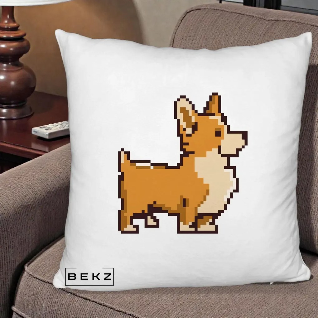 Perna Personalizata Corgi Pixel Art, 40x40 cm, Alb Pufos, Husa Detasabila, Perna Inclusa, BEKZ®