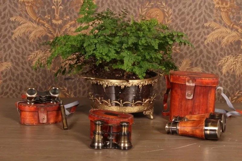 Binoclu marin decorativ din alamă și piele, maro, cu toc din piele, aspect vintage, finisaj antichizat, 14 x 14 x 8 cm, „Capitaine”