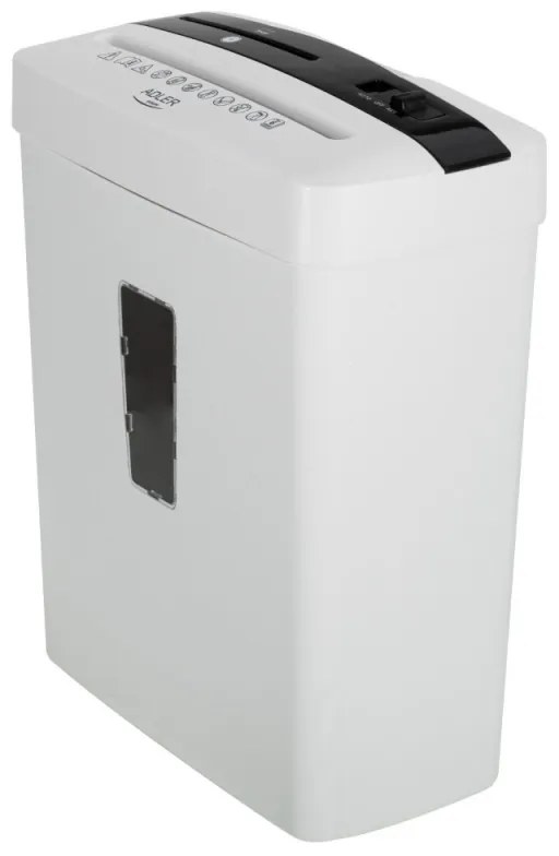 Distrugator de documente Adler AD 1037, 200 W, 13 L, Pana la 22 cm, 6 foi, CD/DVD si card, Pornire/oprire automata, Functie inversa, 69 dB, Alb