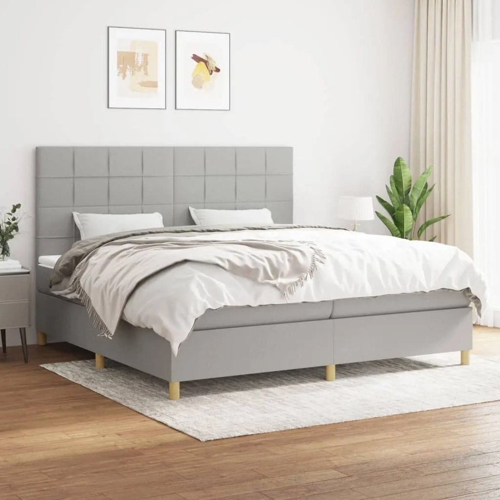 vidaXL Pat box spring cu saltea, gri deschis, 200x200 cm, textil