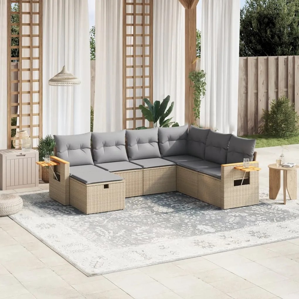 vidaXL Set canapele de grădină, 7 piese, cu perne, bej, poliratan