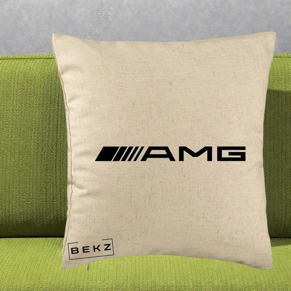 Perna Personalizata cu emblema Mercedes-AMG, 40x40 cm, Bej, Husa Detasabila, Perna Inclusa, BEKZ®