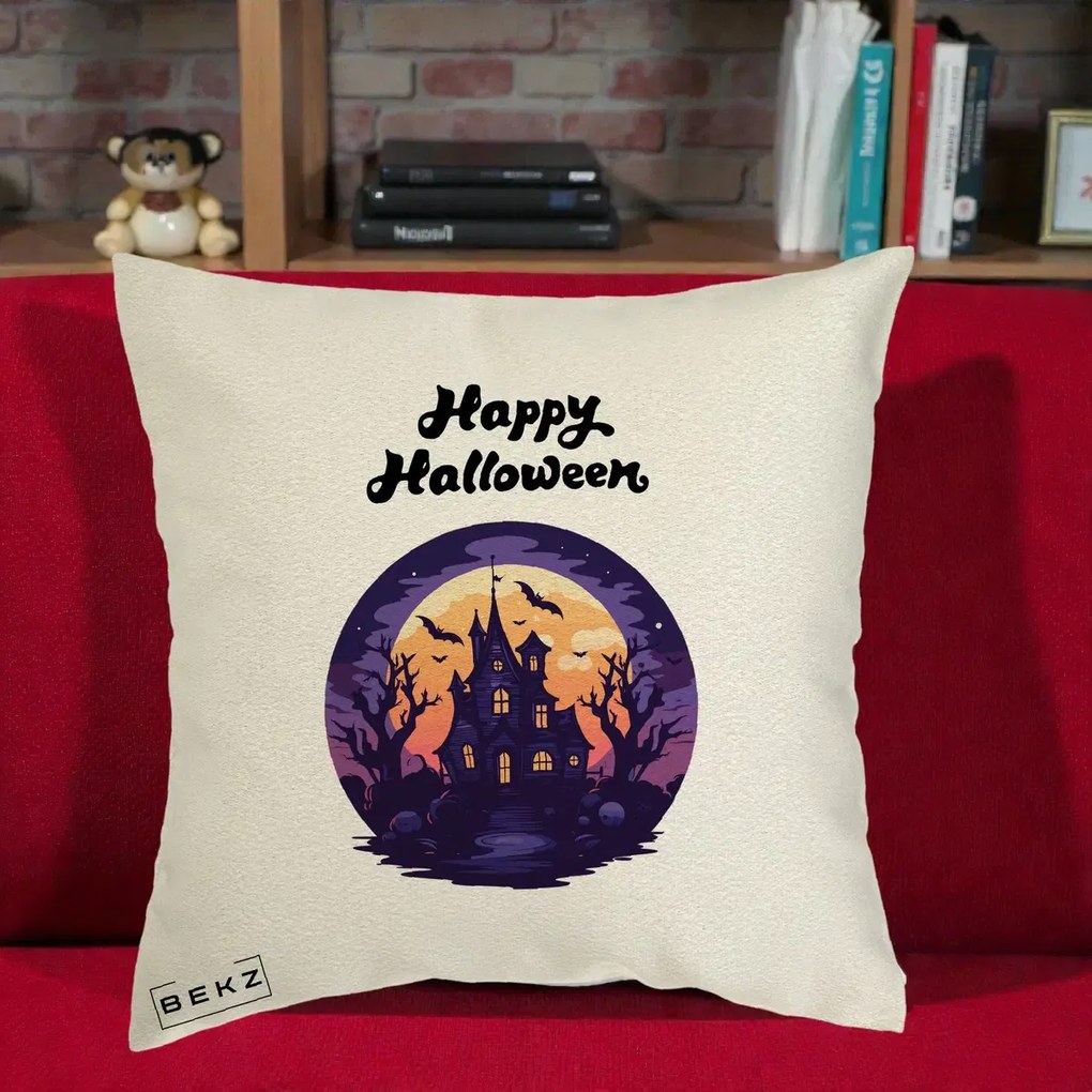 Perna Decorativa Happy Halloween Casa Bantuita Violet, 40x40 cm, Ecru, Husa Detasabila, Perna Inclusa, BEKZ®