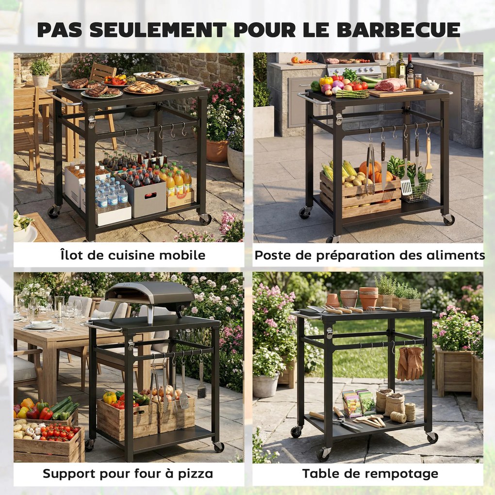 Outsunny Servantă de grădină cărucior de grătar pe roți cu cârlige, mânere, roți blocabile, 90,5x55x88 cm, negru | Aosom Romania