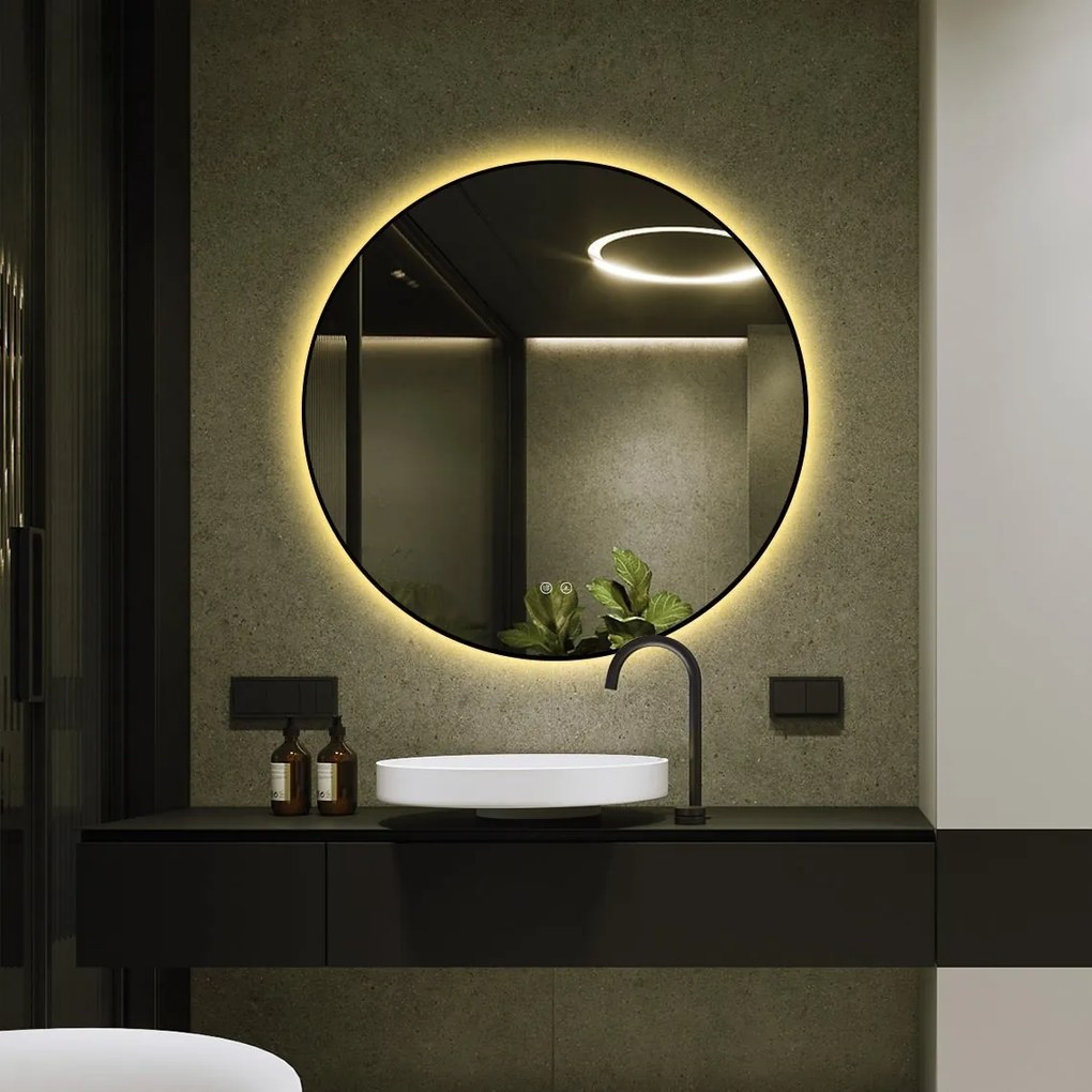 🪞 Oglindă LED cu Touch și Funcție Dezaburire, 3 Tipuri de Lumină – Ø80 cm, Ramă Negru Mat, Model J188-80 Smack