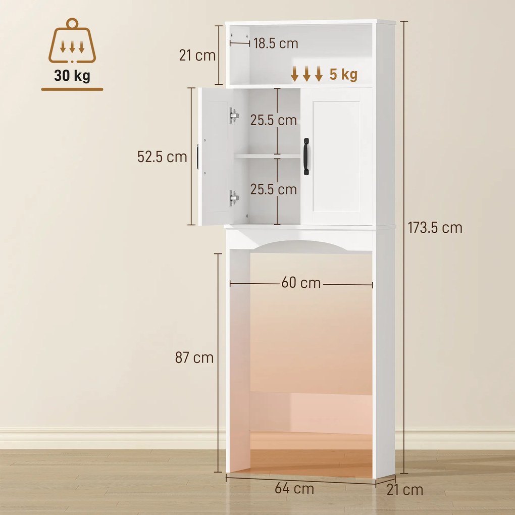 HOMCOM Dulap peste WC Mobilier de baie cu 2 uși cu închidere silențioasă Raft deschis 64x21x173,5 cm Alb | Aosom Romania