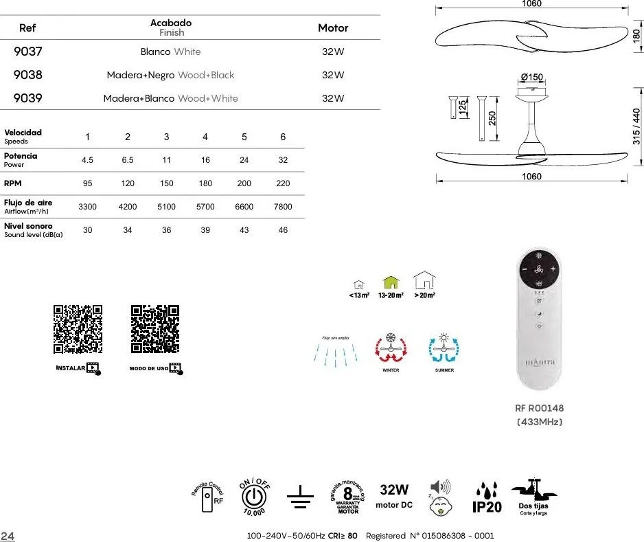 Ventilator cu 2 palete si telecomanda IPANEMA II alb/ aspect lemn MA-9039