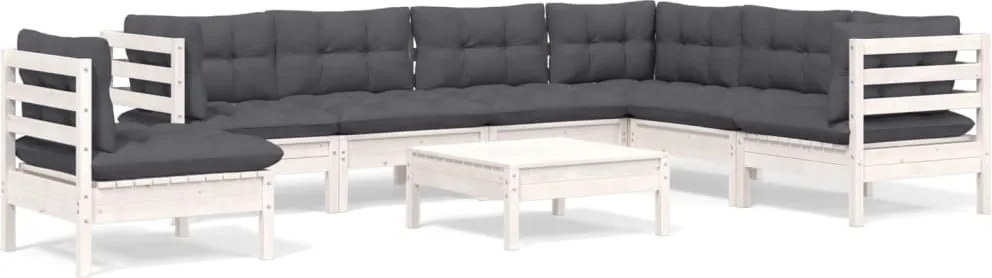 vidaXL Set mobilier de grădină cu perne, 8 piese, alb, lemn masiv pin