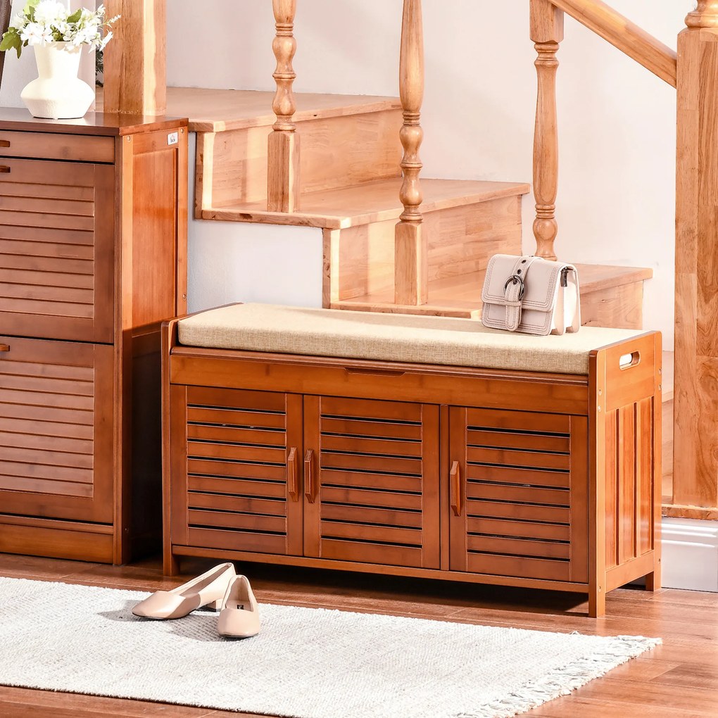 HOMCOM Banc pentru pantofi mobilier pentru pantofi din bambus cu pernă de șezut, 3 uși și compartiment ascuns, maro | Aosom Romania