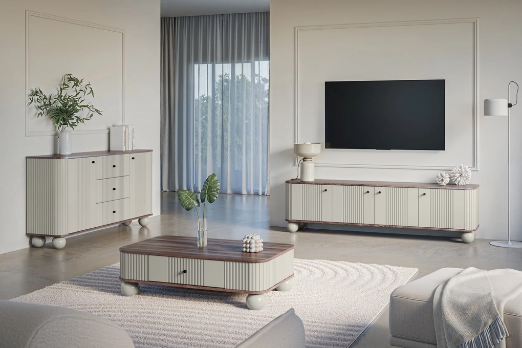 Comodă TV Vesper 4D 187 cm - cașmir / nuc / mânere negre / picioare sferice