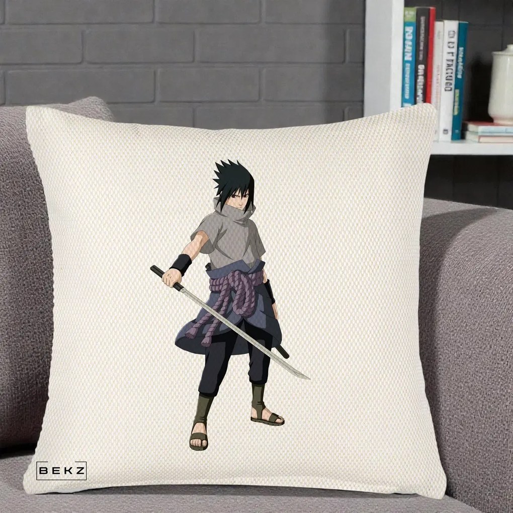 Perna Personalizata Naruto Sasuke Uchiha cu Sabia, 40x40 cm, Crem Reliefat, Husa Detasabila, Perna Inclusa, BEKZ®
