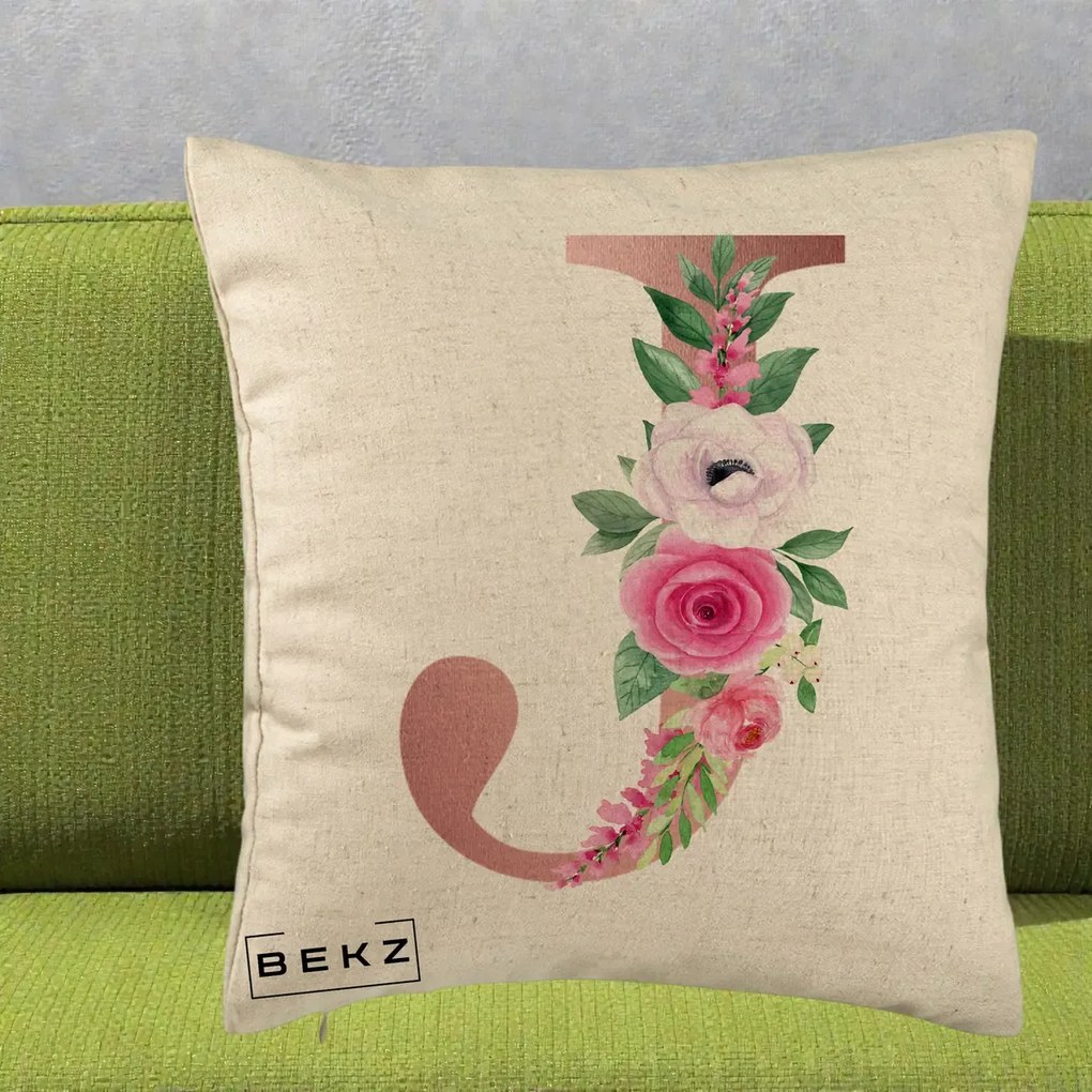 Cadou Personalizat - Perna Personalizata Monograma Rose Gold Litera J, 40x40 cm, Bej, Husa Detasabila, Perna Inclusa, BEKZ®