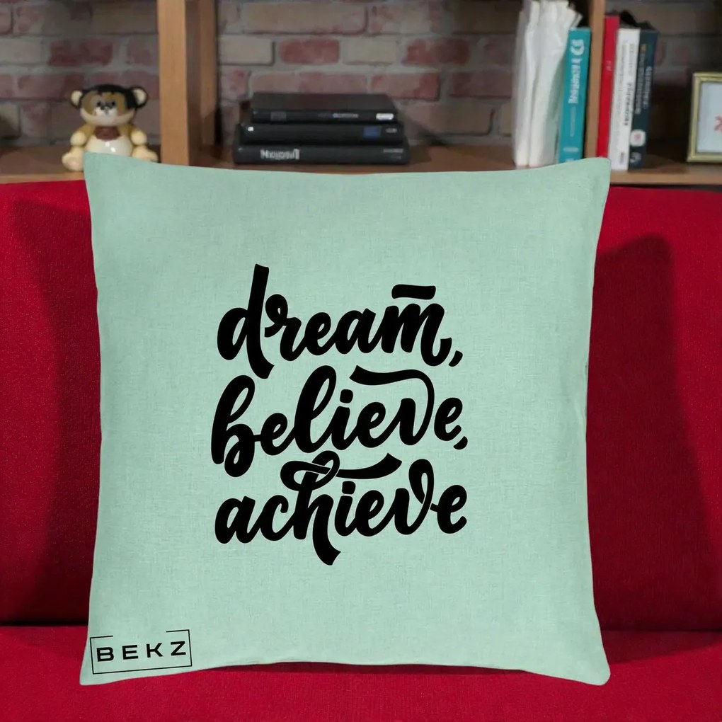 Perna Decorativa Dream Believe Achieve, 40x40 cm, Verde Menta, Husa Detasabila, Perna Inclusa, BEKZ®