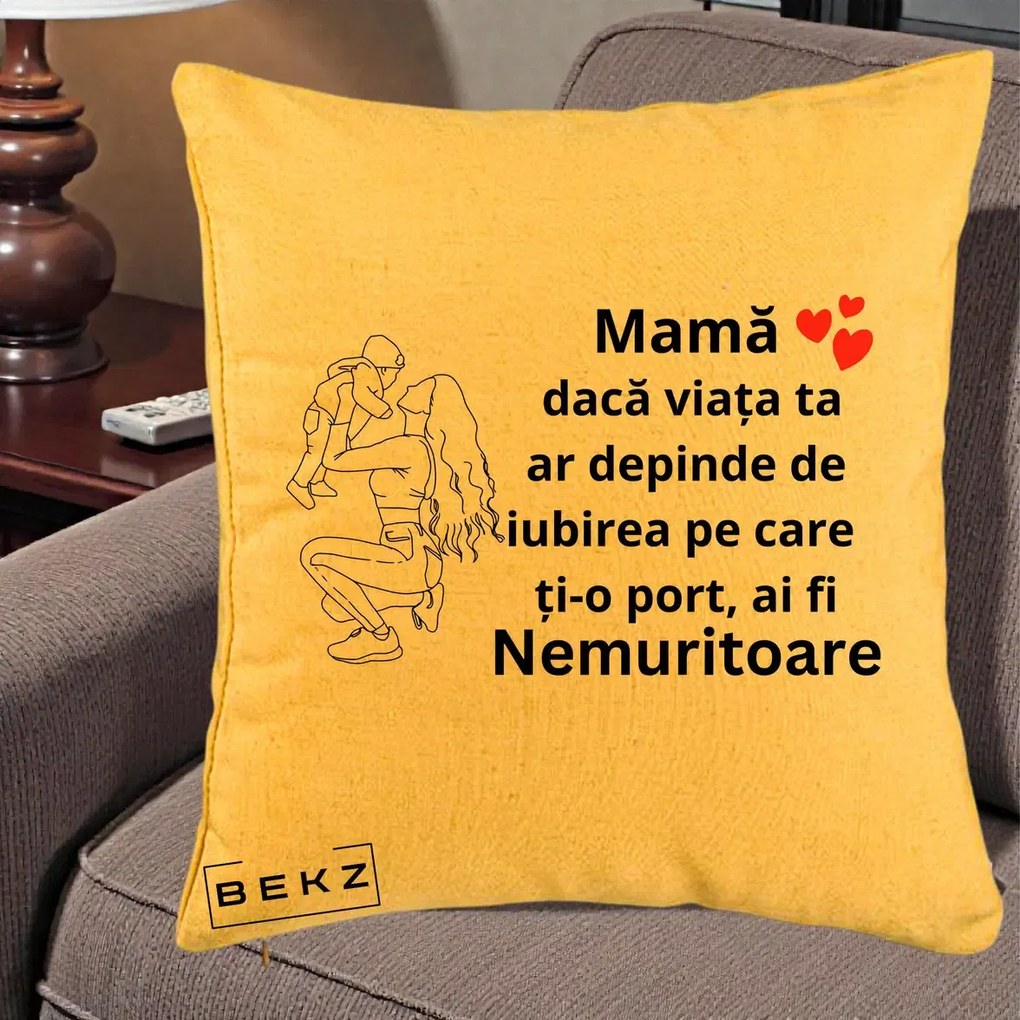 Cadou pentru Mama - Perna Personalizata Mama Nemuritoare Portret Graphic, 40x40 cm, Galben, Husa Detasabila, Perna Inclusa, BEKZ®