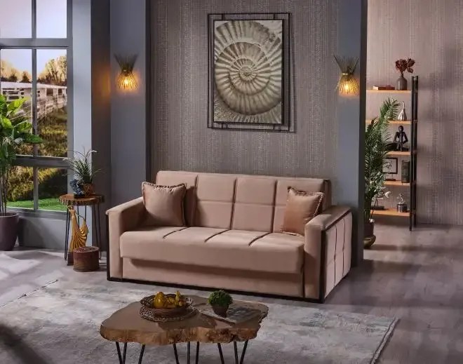 Canapea extensibila cu 3 locuri tip pat matrimonial cu lada de depozitare Atena,crem