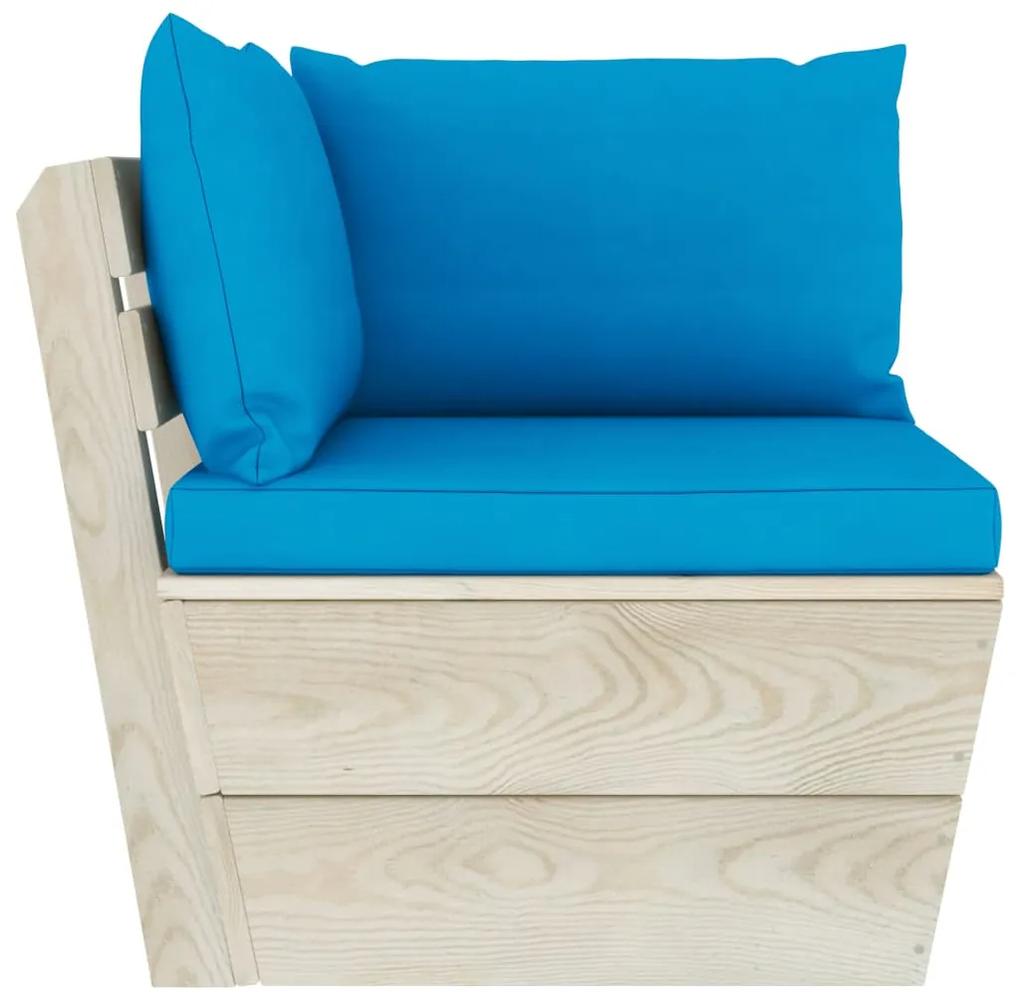 Set mobilier gradina din paleti cu perne, 6 piese, lemn molid Albastru deschis, 2x colt + 2x mijloc + masa + suport pentru picioare, 1